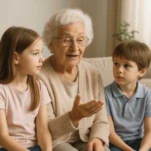 Elderly woman teaching grandchildren the wisdom of her life trip