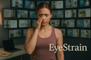 Depiction of burning or dry eyes, a common sign of screen overuse mentioned in the article.